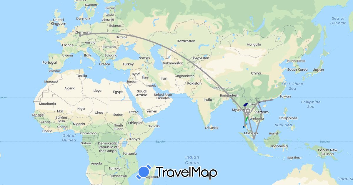 TravelMap itinerary: driving, bus, plane, boat in China, Germany, Singapore, Thailand, Vietnam (Asia, Europe)